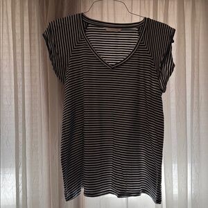 Lauren Conard Top Blue & White Short Flutter Sleeves V Neck Sz OX